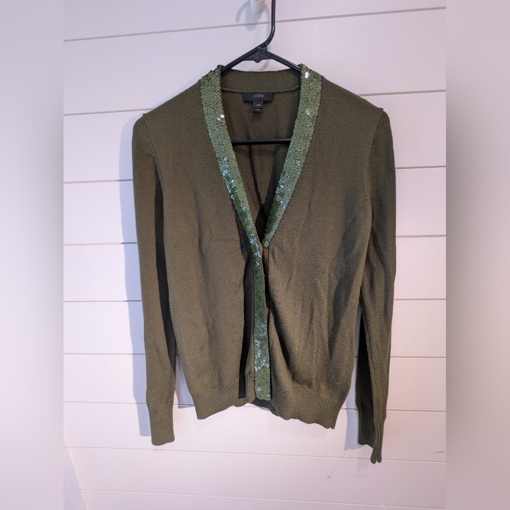 J Crew olive green cardigan with sequin neckline